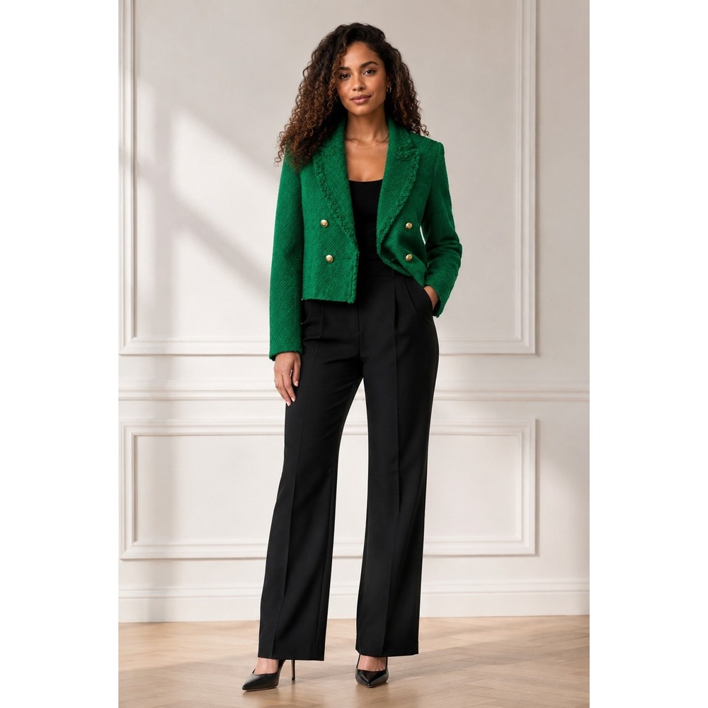 ZARA Women's Emerald Green Bouclé Cropped Double Breasted Blazer XL NWT